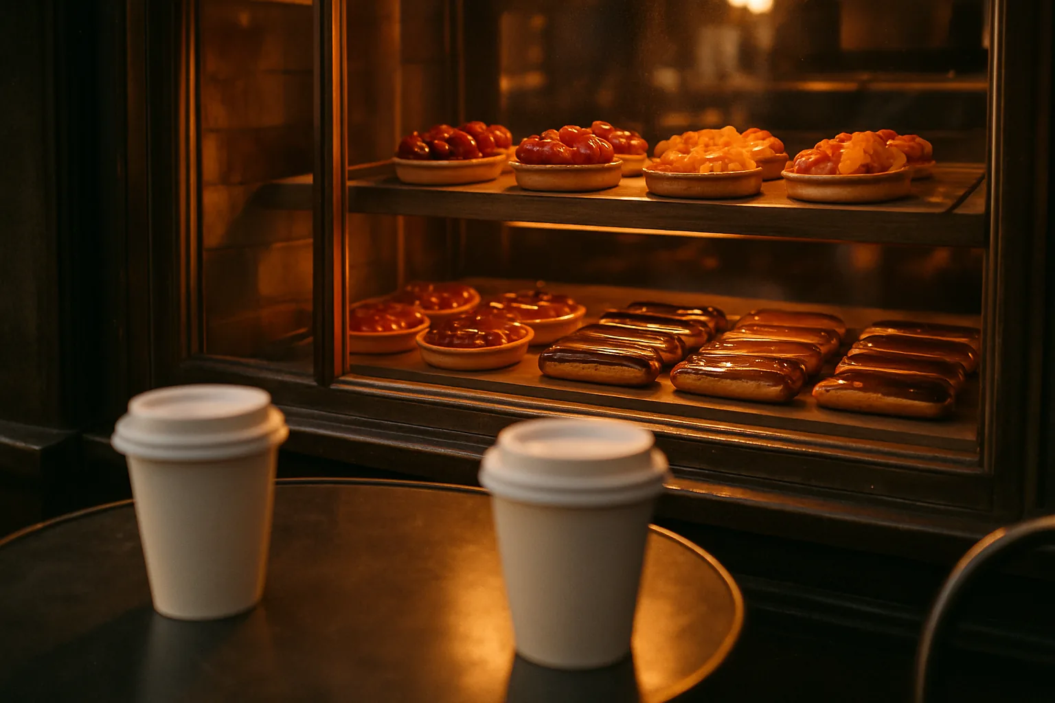 Vitrine de pâtisserie artisanale à la lumière dorée avec tartes aux fruits et deux gobelets de café sur une table de bistrot
