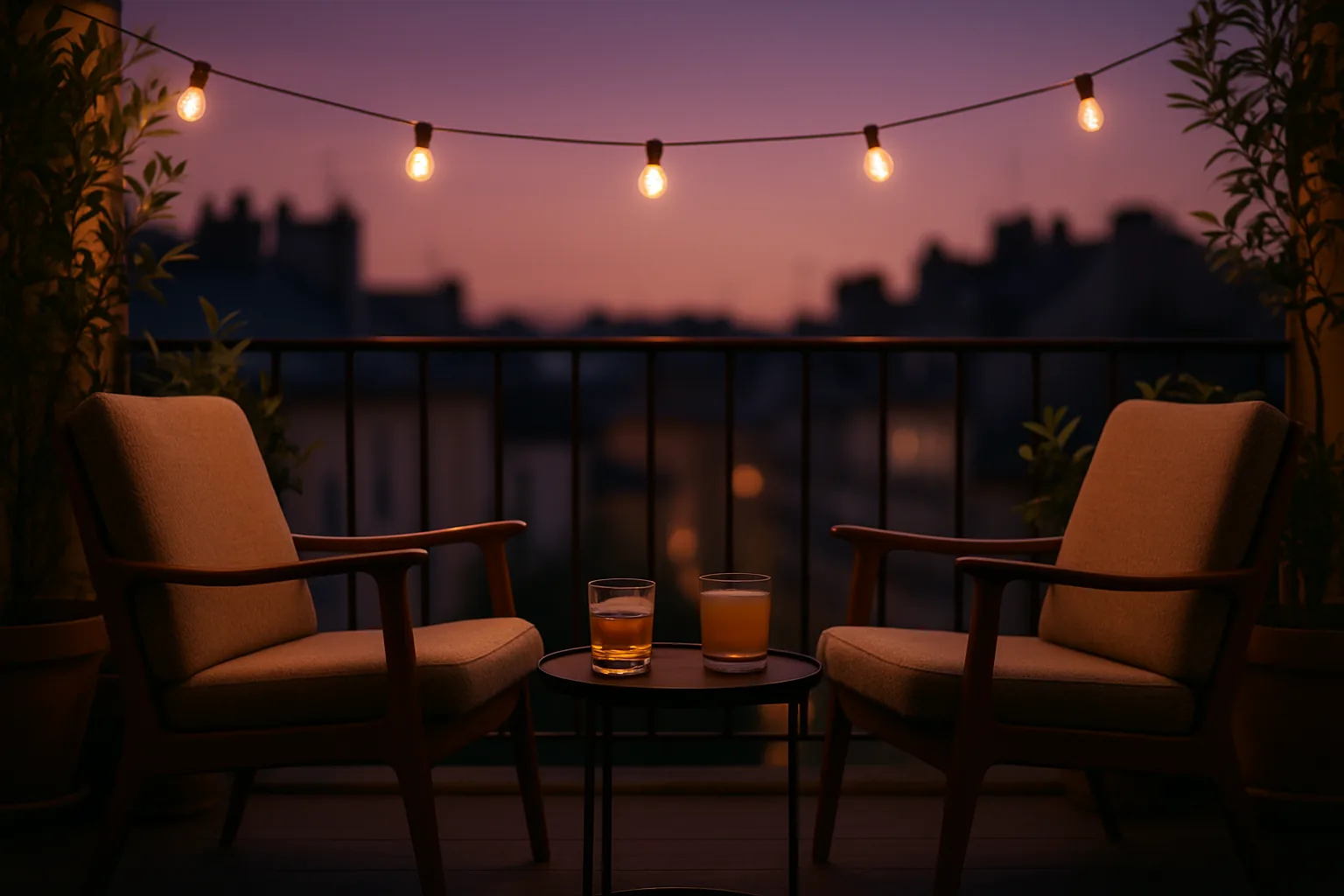 Deux chaises face à face sur un petit balcon au crépuscule avec deux verres, des guirlandes lumineuses et les toits de la ville en arrière-plan