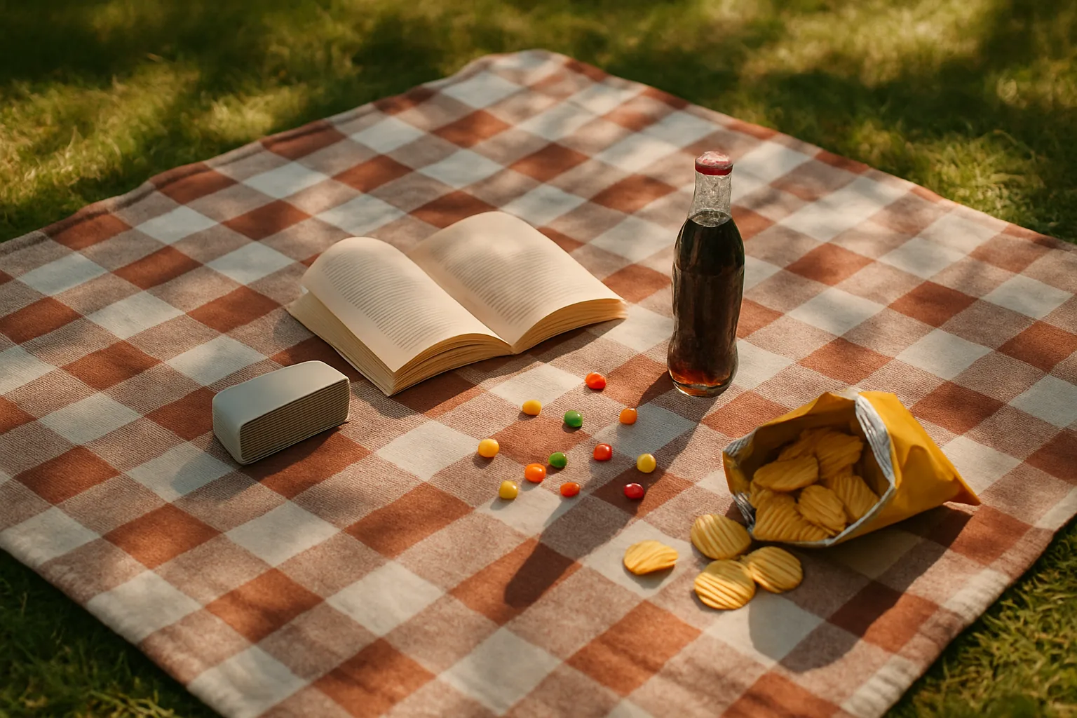 Vue de dessus d'une nappe à carreaux sur l'herbe ensoleillée avec un livre ouvert, une enceinte, un paquet de chips et une bouteille de soda