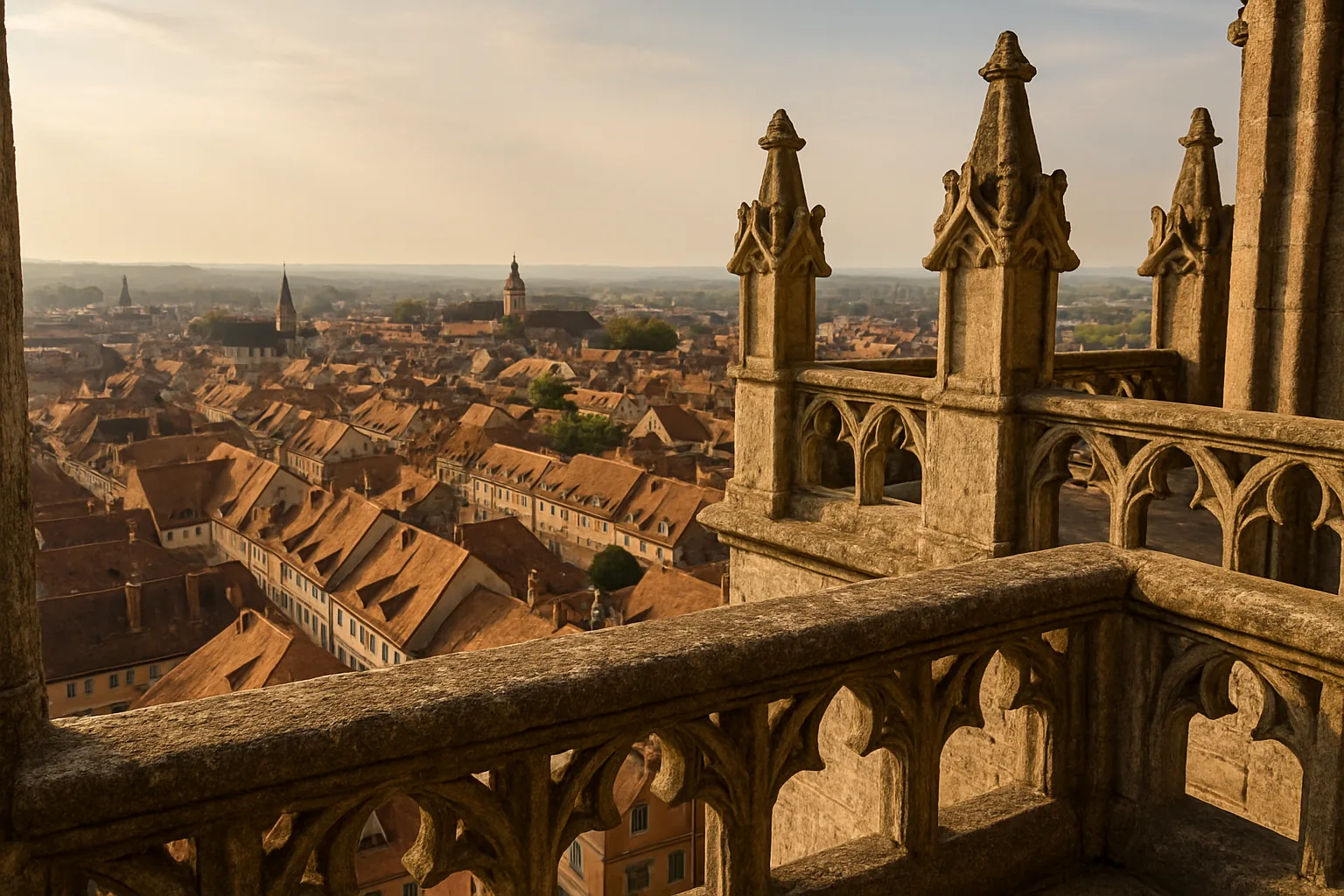 Vue panoramique sur les toits de tuiles d'une vieille ville européenne depuis la plateforme d'une tour de cathédrale