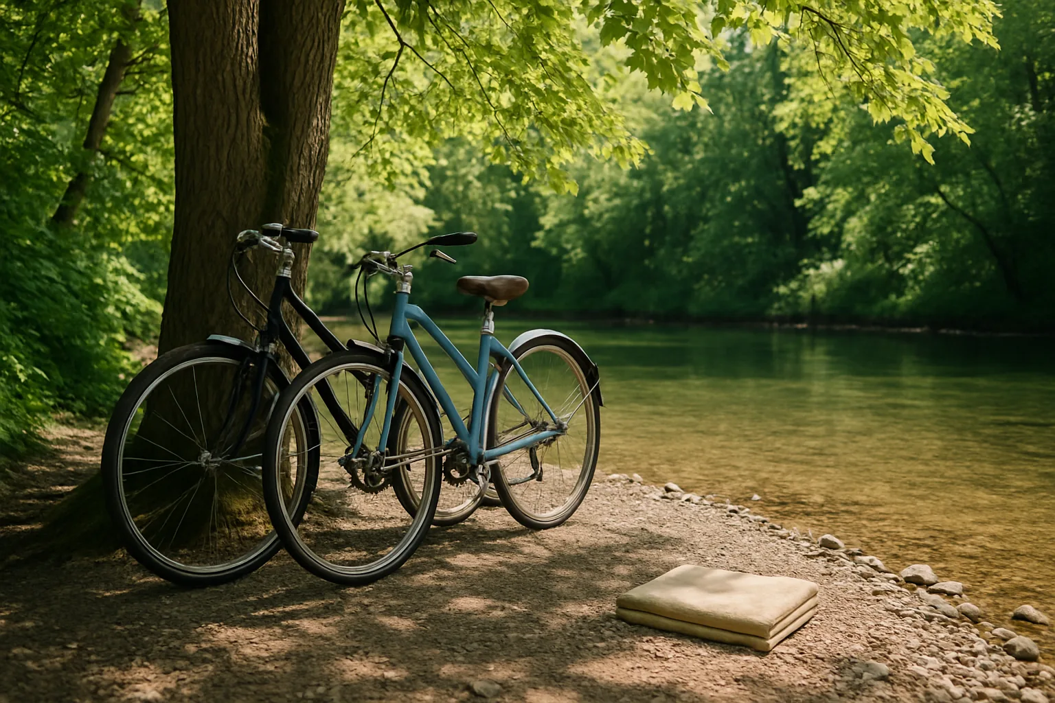 Deux vélos appuyés contre un arbre au bord d'une rivière tranquille avec une petite plage de galets et une eau claire