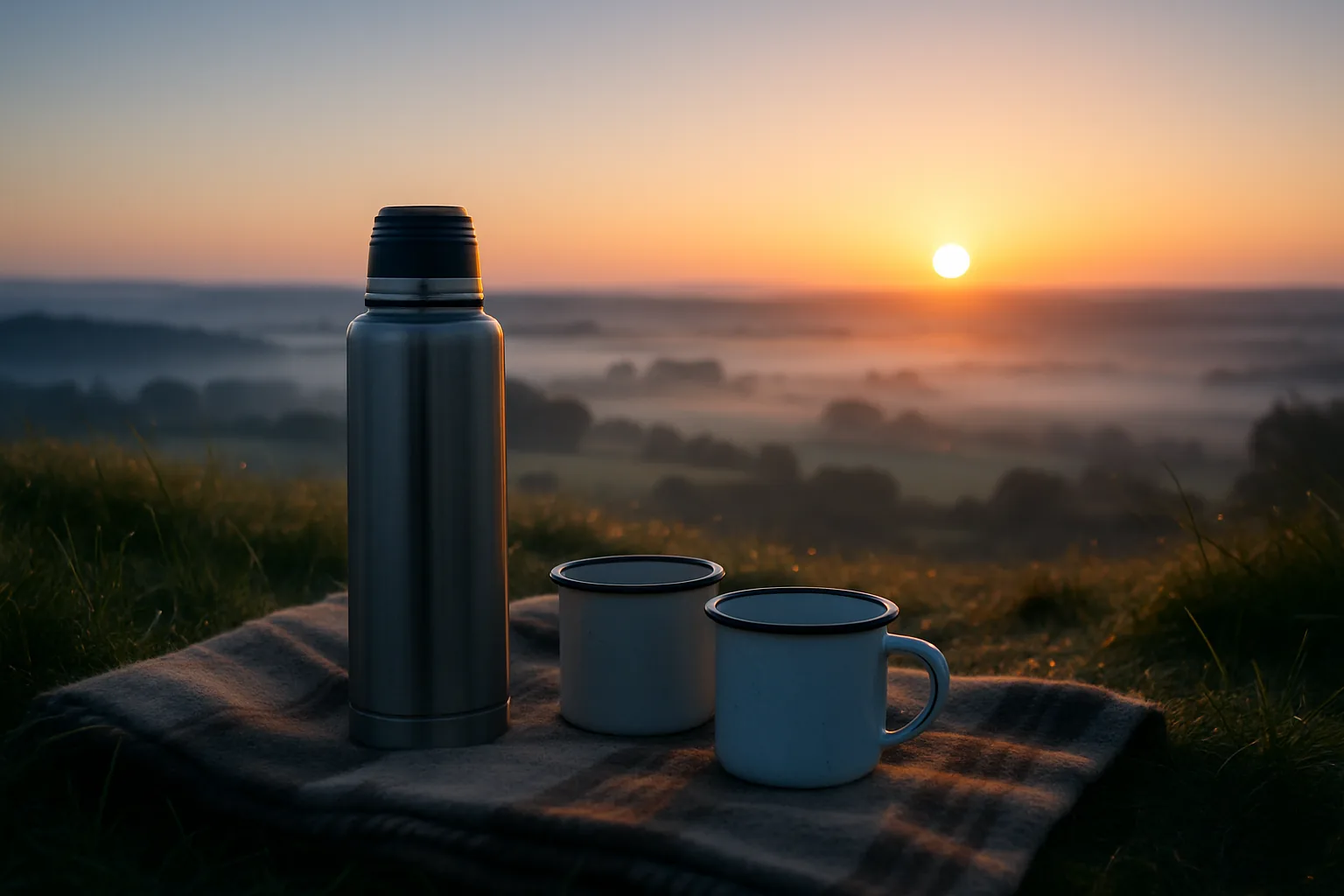 Thermos et deux tasses émaillées sur une couverture en laine au sommet d'une colline face au lever du soleil sur la campagne brumeuse