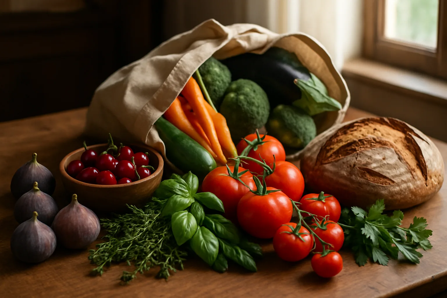 Table en bois couverte de produits frais du marché : figues, tomates, cerises, herbes et un pain rustique