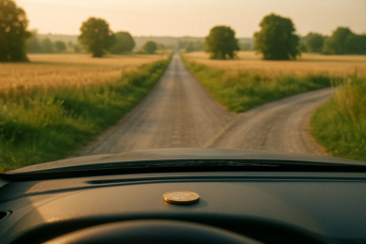 Route de campagne déserte se séparant en deux directions entre des champs d'été, une pièce de monnaie posée sur un tableau de bord au premier plan