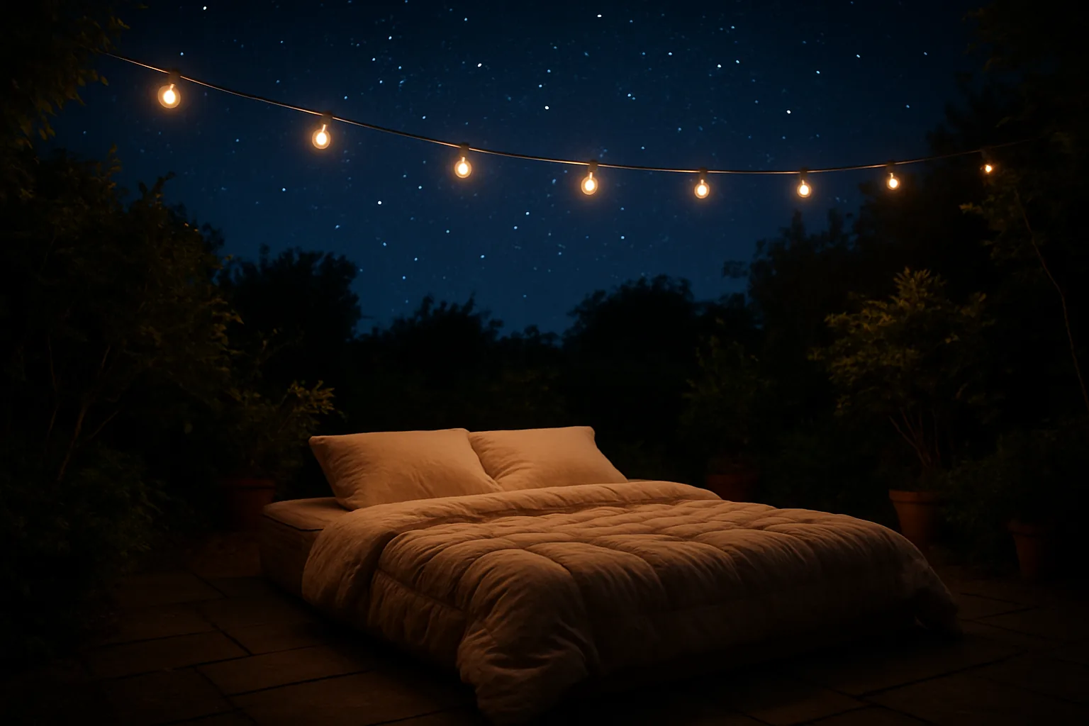 Matelas avec une couette épaisse et des oreillers installé sur une terrasse de jardin sous des guirlandes lumineuses et un ciel étoilé