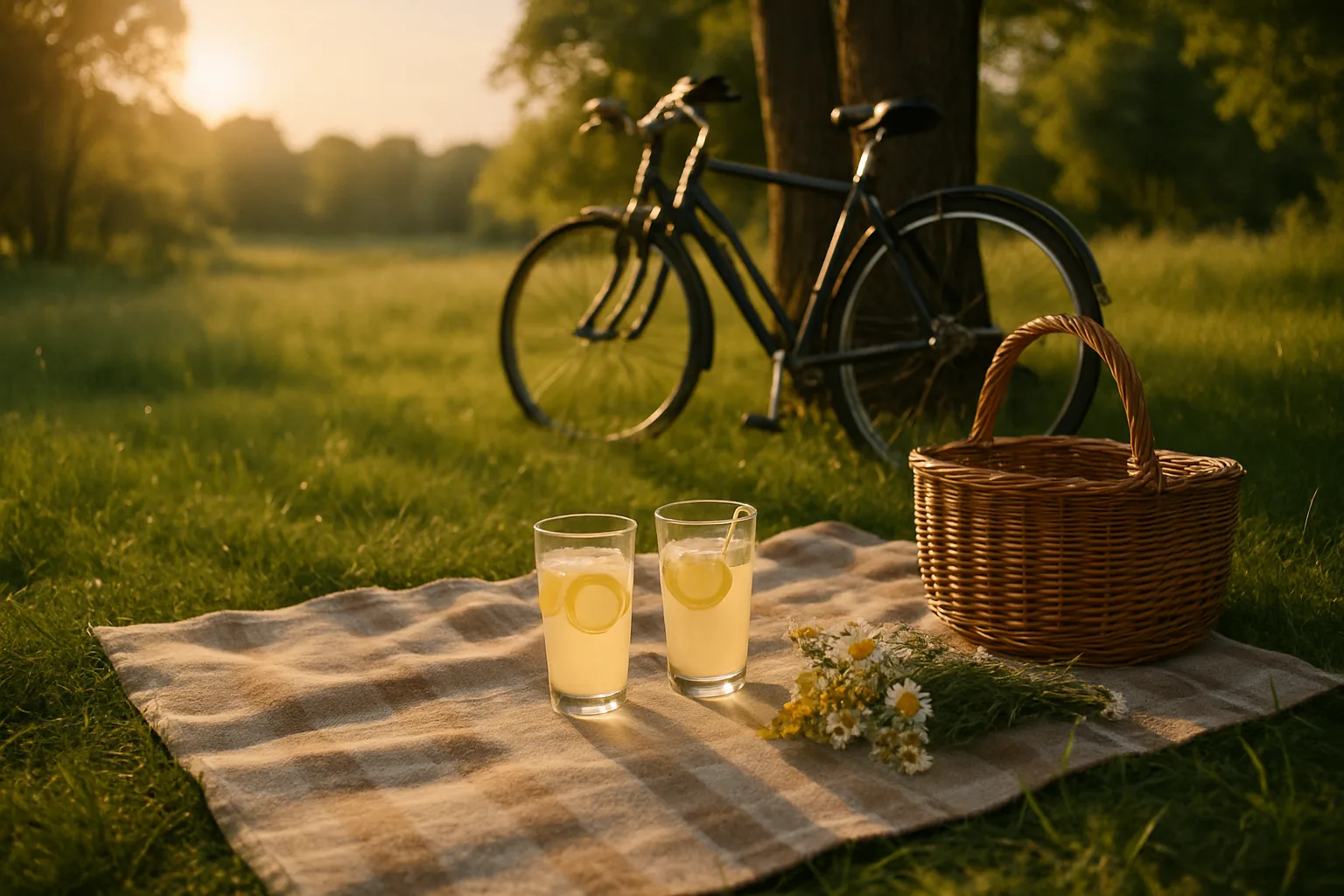 Pique-nique d'été au coucher du soleil avec deux limonades, un panier en osier et un vélo appuyé contre un arbre