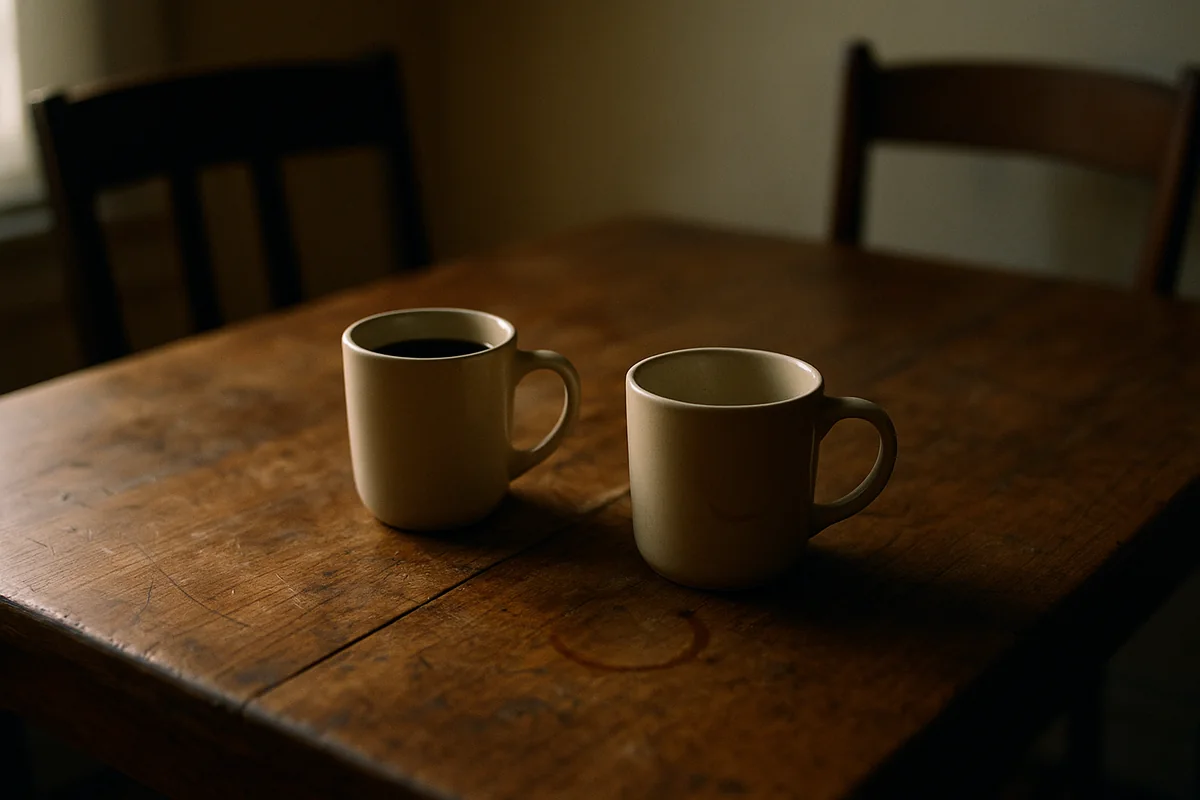 Deux tasses sur une table de cuisine à l'aube, l'une pleine et l'autre vide, deux chaises légèrement écartées