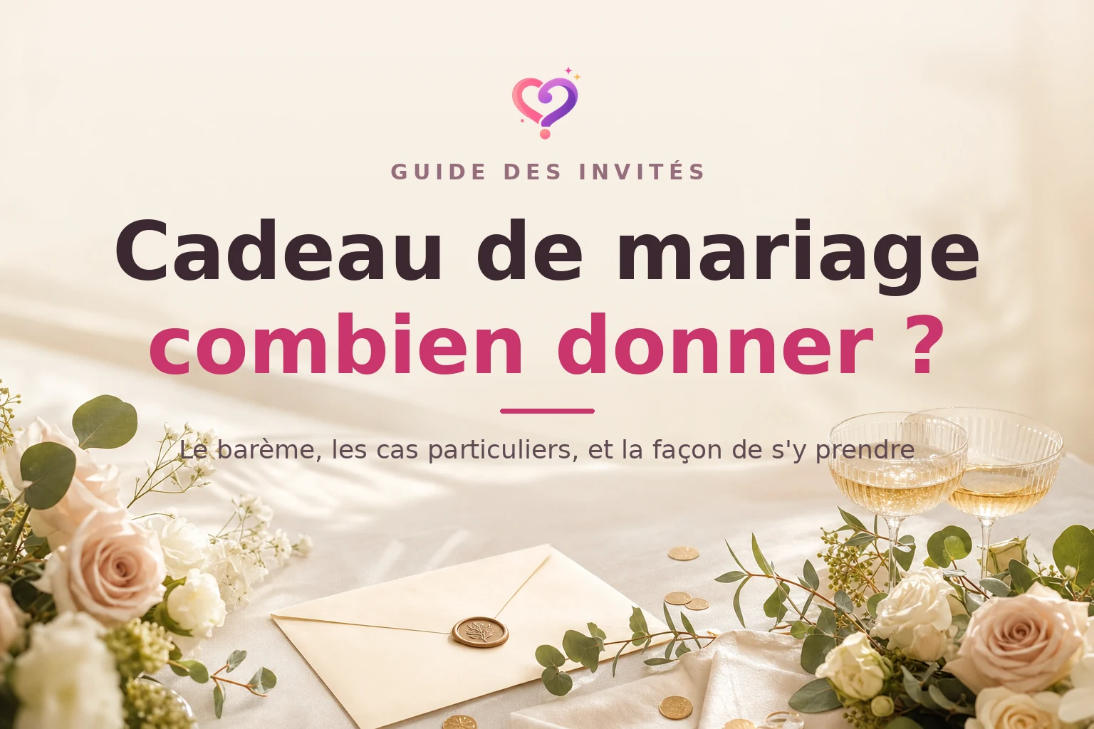 Enveloppe de cadeau de mariage posée sur une table de réception avec des roses et deux coupes de champagne
