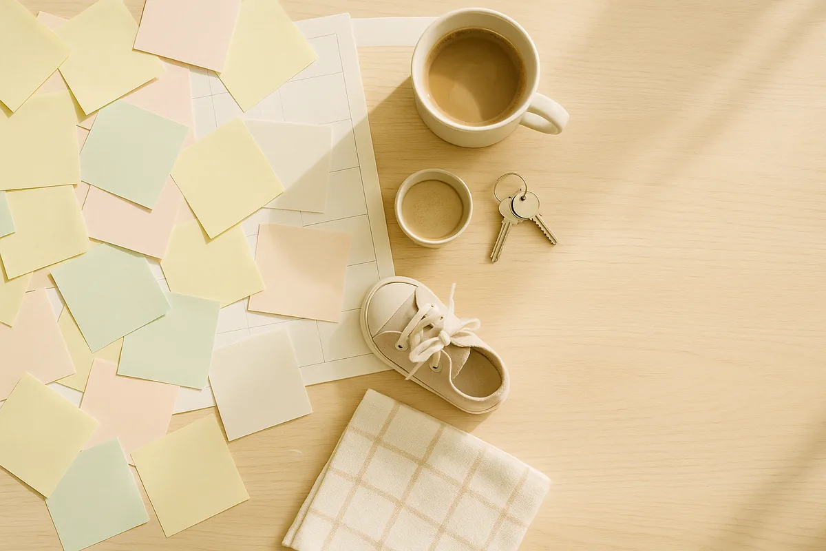 Vue de dessus d'un plan de travail couvert de post-it vierges, à côté d'un café froid, d'un trousseau de clés et d'une petite chaussure d'enfant