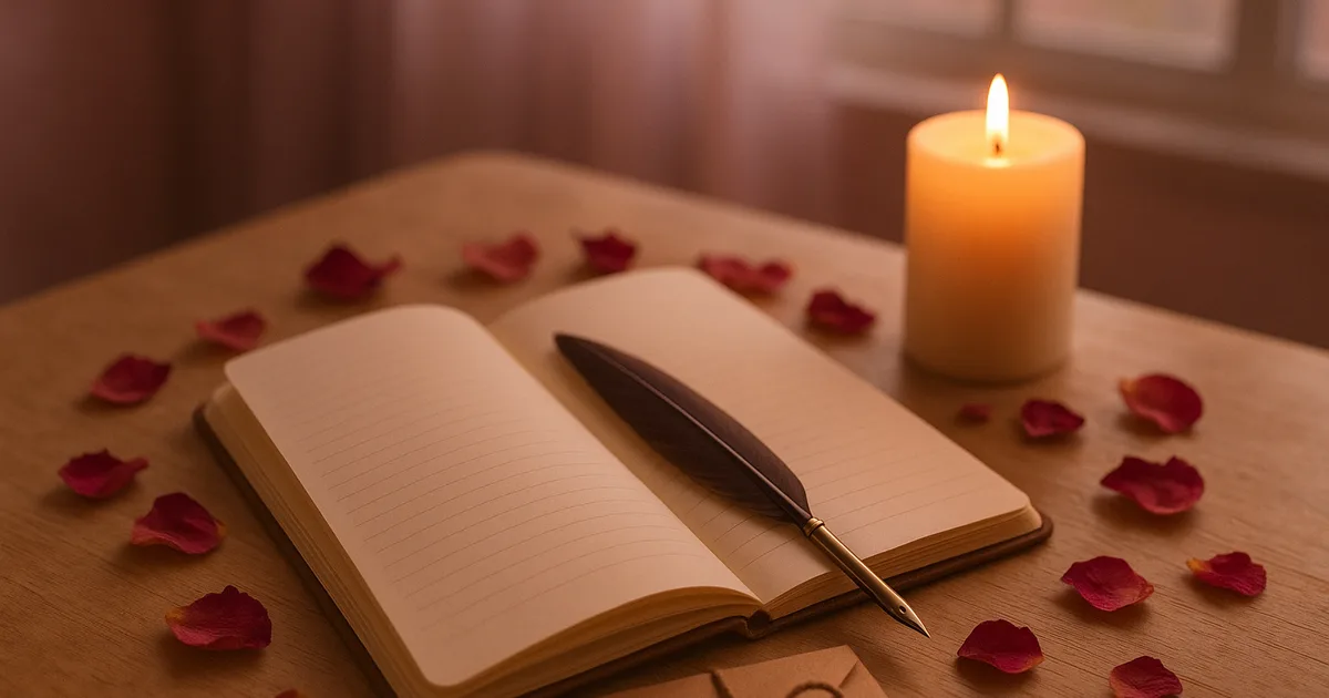 Carnet ouvert et plume posés sur une table en bois, pétales de rose et bougie allumée autour