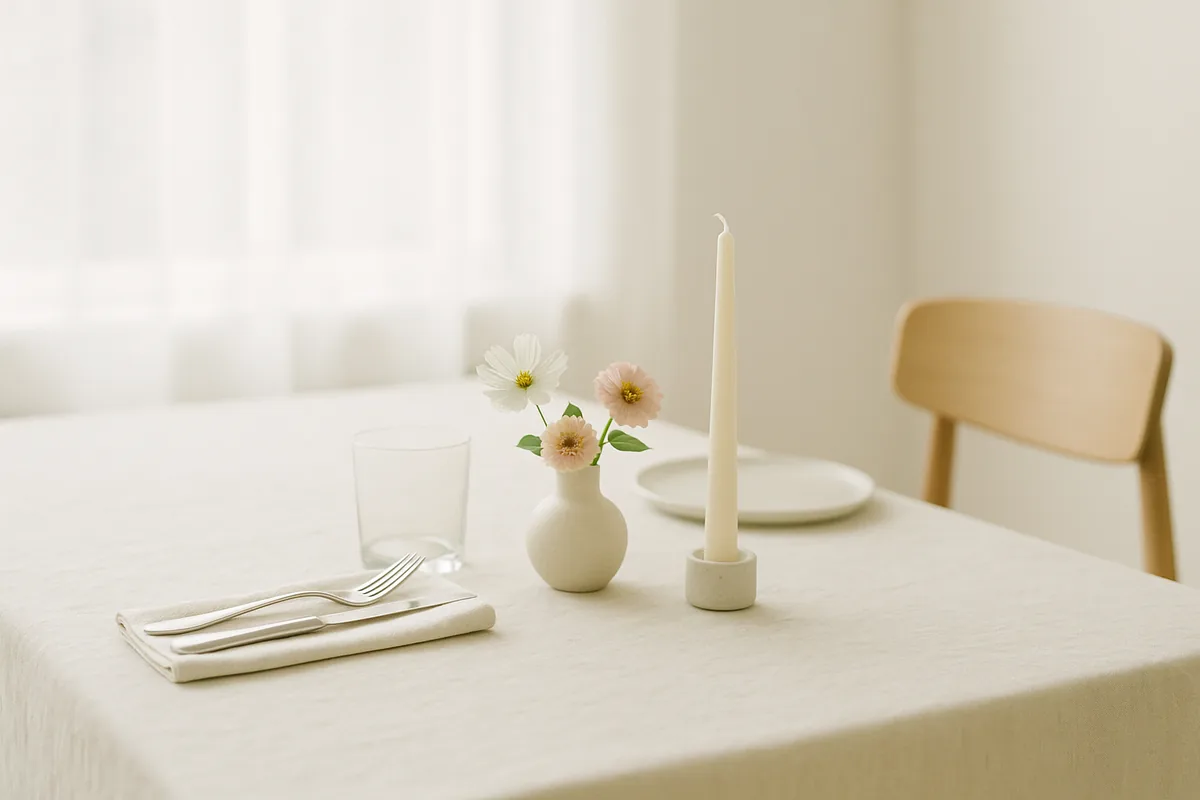 Table dressée pour deux, un couvert soigné avec bougie et fleurs, l'autre place laissée vide