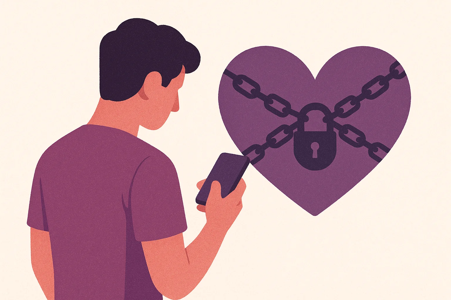 Homme de dos regardant son téléphone, ombre en forme de cœur enchaîné