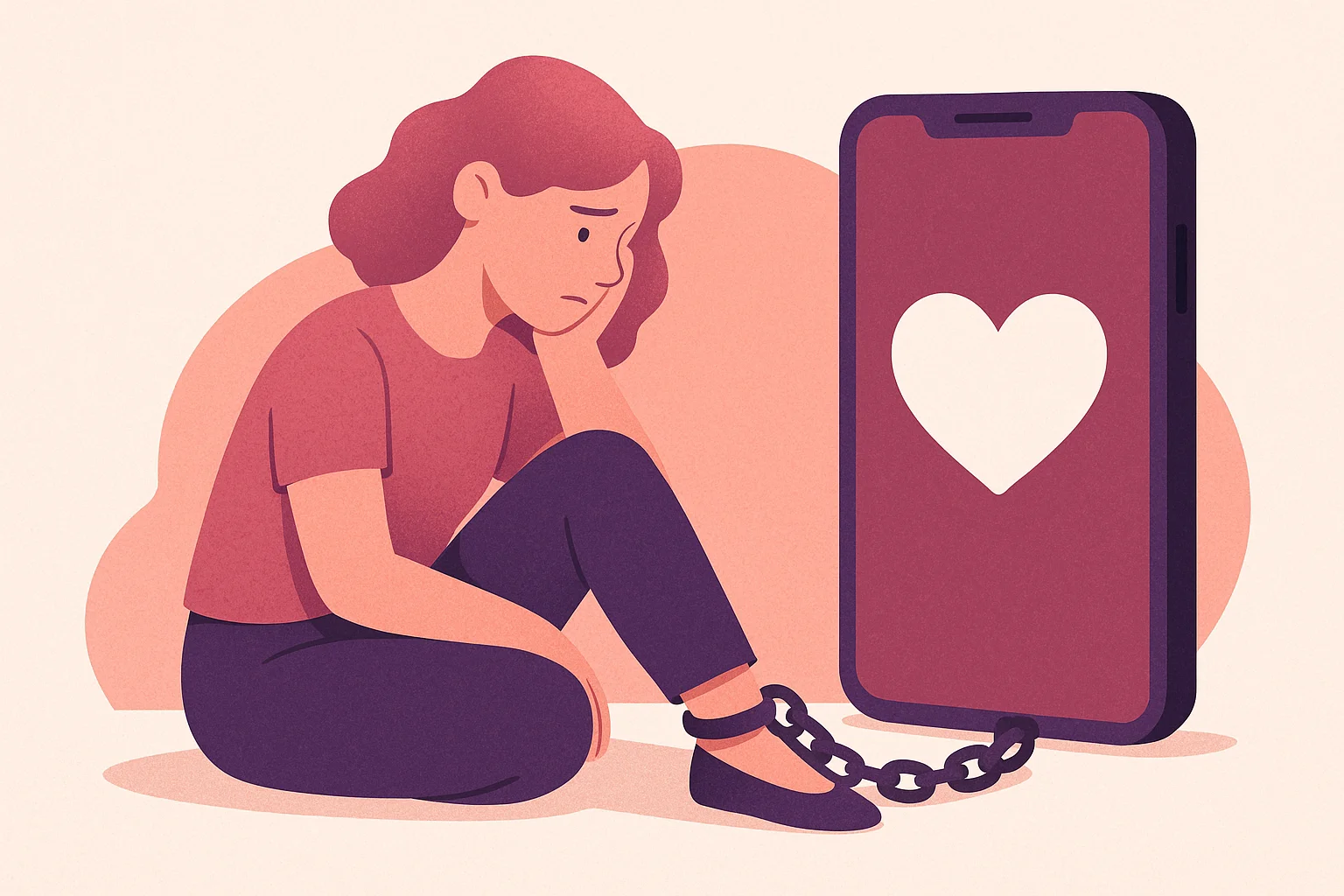 Personne enchaînée à un téléphone affichant un cœur, dans l'attente d'une réponse