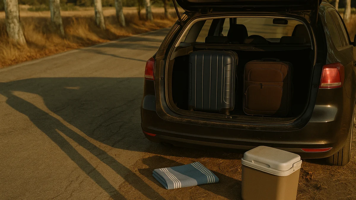 Coffre de voiture ouvert au bord d'une route de campagne, valises à moitié chargées, deux ombres qui se tournent le dos
