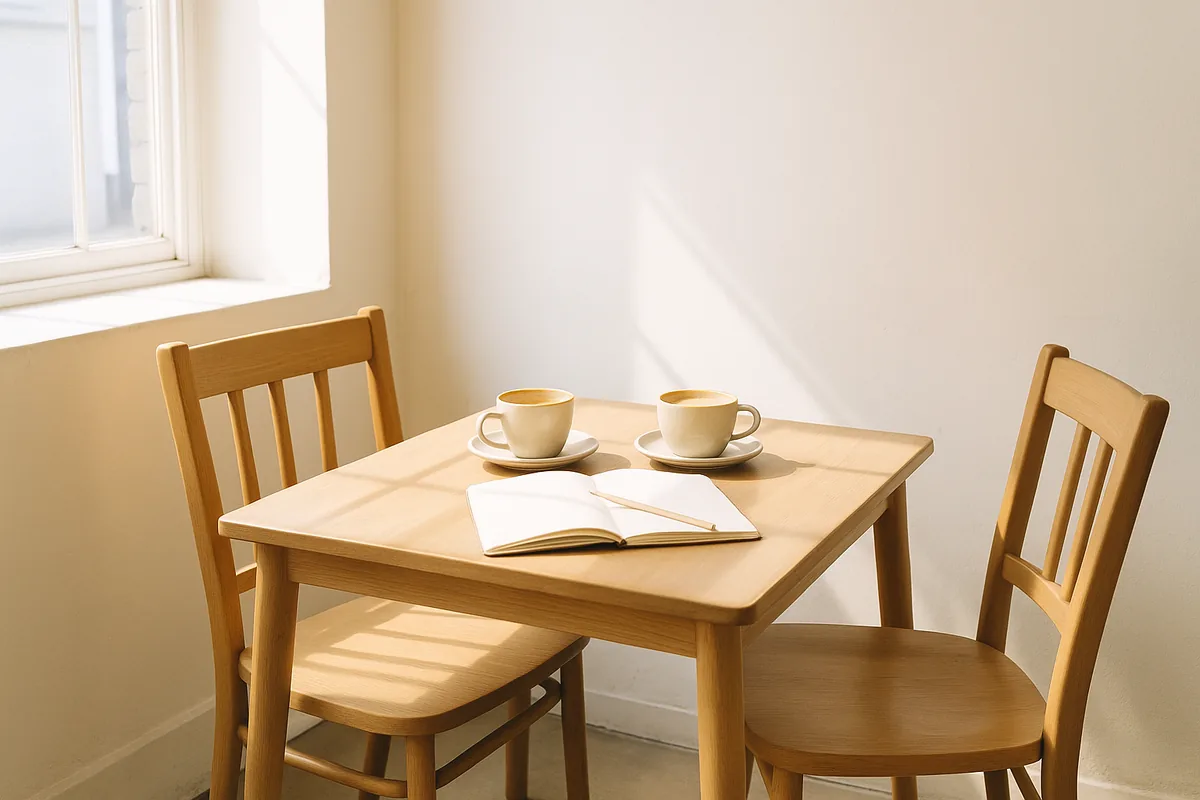 Table de café vide avec deux tasses et deux chaises rapprochées face à face, dans la lumière du matin