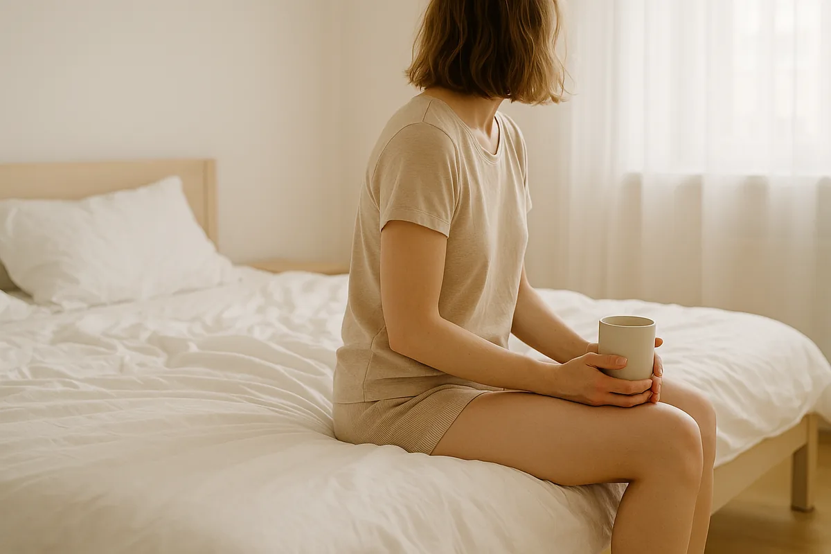 Femme assise de dos au bord d'un lit défait, une tasse entre les mains, dans une chambre baignée de lumière