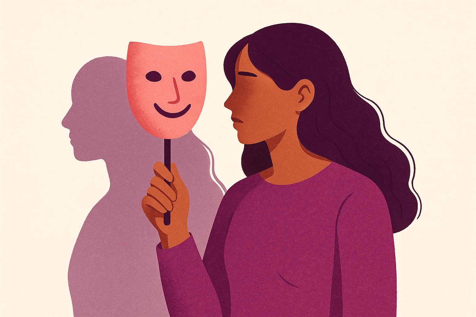 Femme tenant un masque souriant devant son visage, ombre dure projetée au mur