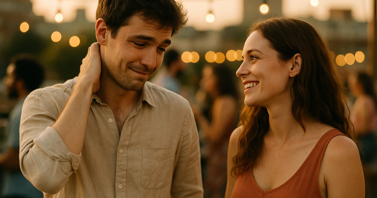 Jeune homme qui se frotte la nuque en souriant, un peu gêné, face à une jeune femme qui lui parle, un soir d'été en extérieur