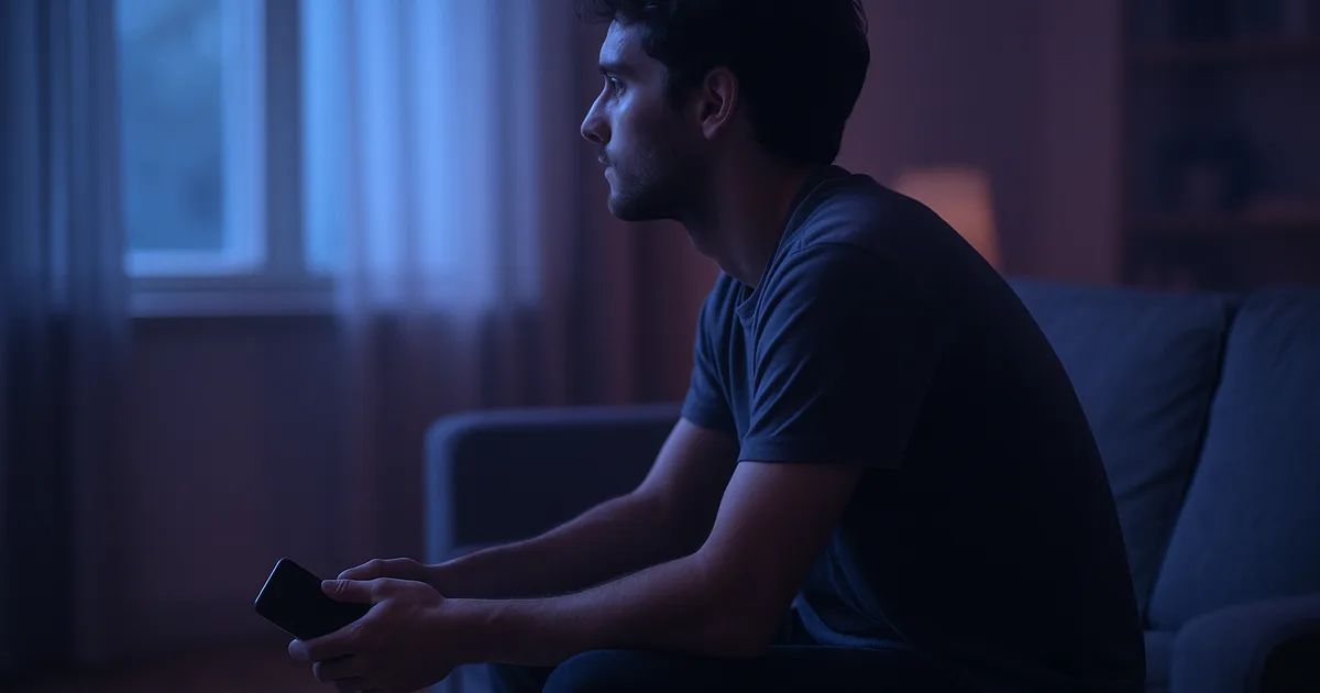 Homme assis seul sur un canapé le soir, son téléphone éteint à la main, le regard dans le vide