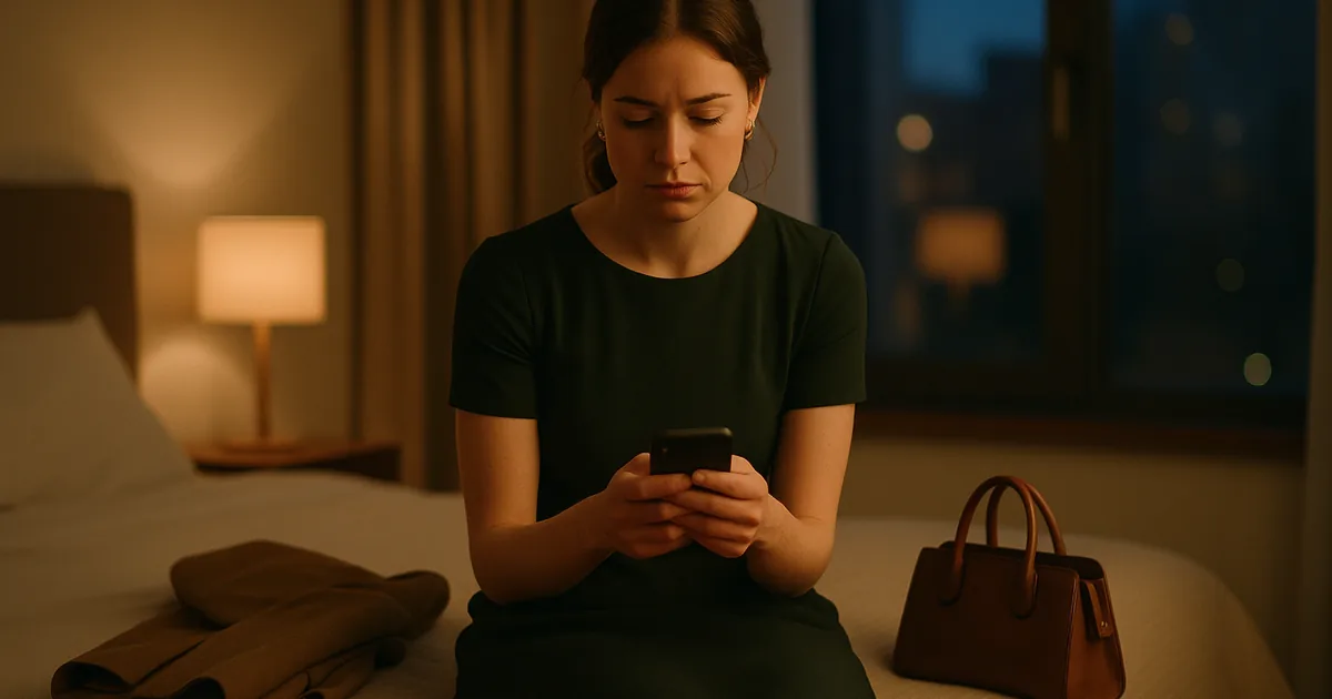 Jeune femme habillée pour sortir, assise sur son lit, son téléphone à la main après avoir lu un message d'annulation