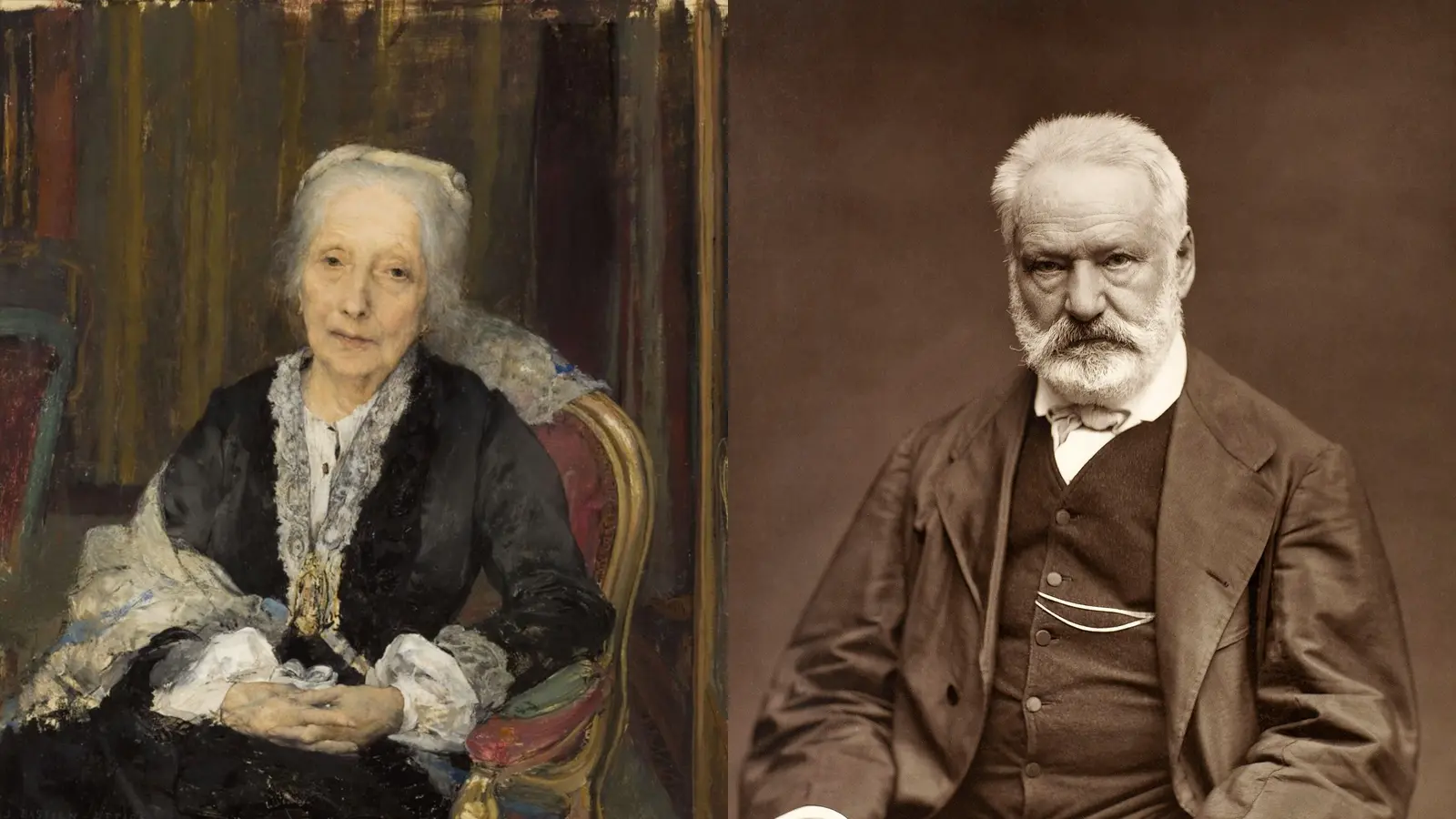 Juliette Drouet âgée, peinte par Jules Bastien-Lepage en 1883, à côté de Victor Hugo photographié par Étienne Carjat