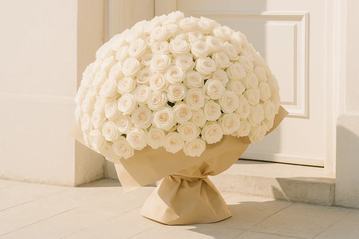 Bouquet de roses pâles démesuré, posé seul sur le seuil d'une porte en plein soleil