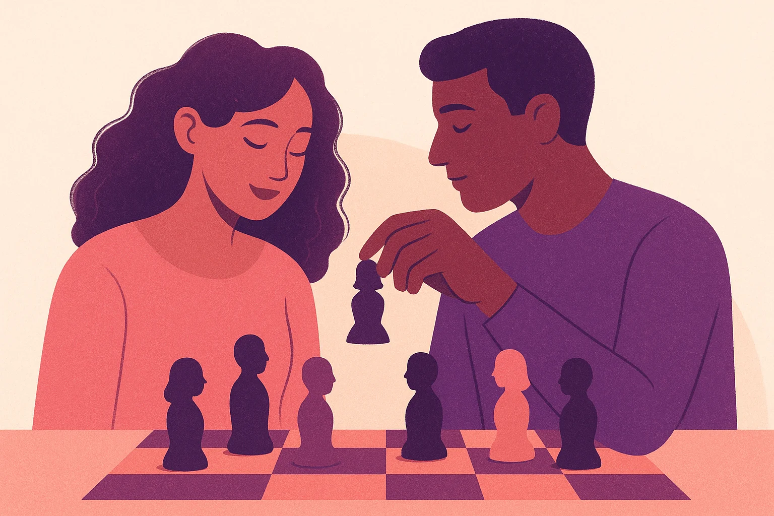 Joueur d'échecs dont les pièces sont des silhouettes humaines