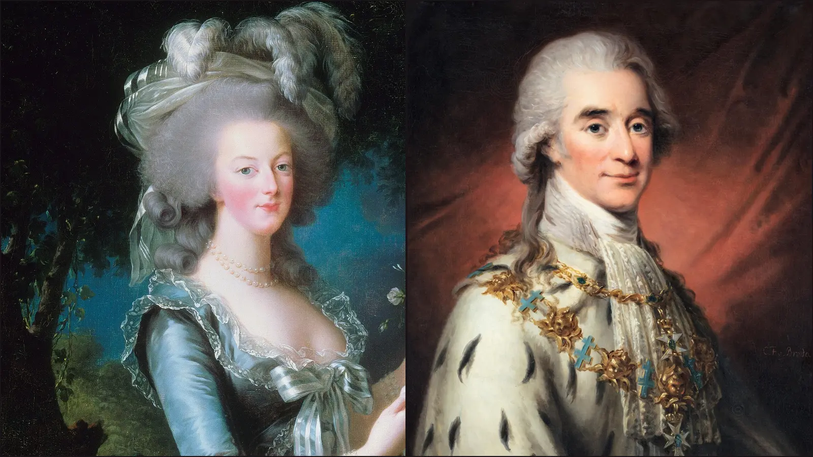 Marie-Antoinette peinte par Élisabeth Vigée Le Brun en 1783, à côté du portrait d'Axel de Fersen par Carl Fredrik von Breda