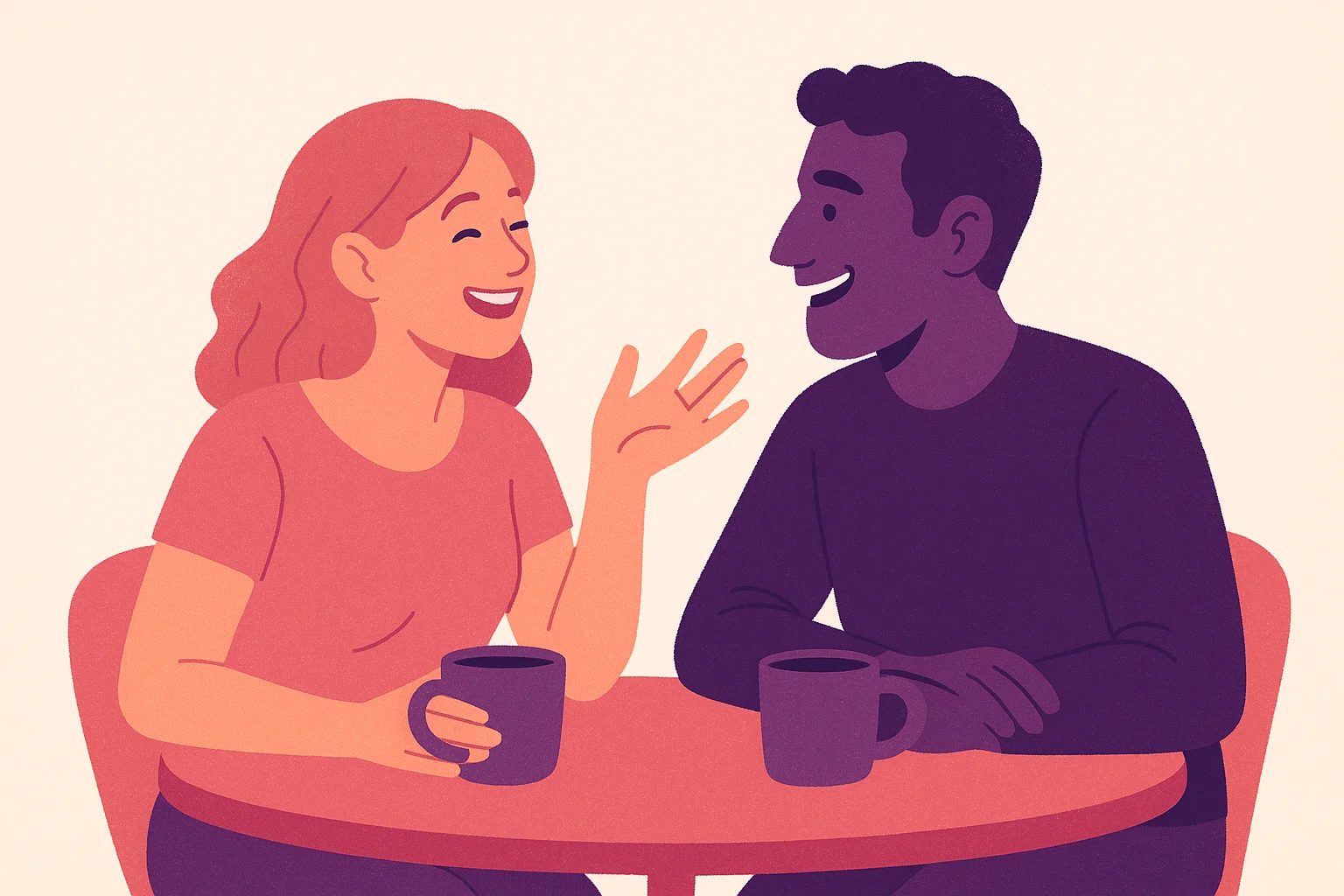 Couple attablé en train de rire, elle répond à une question en gesticulant