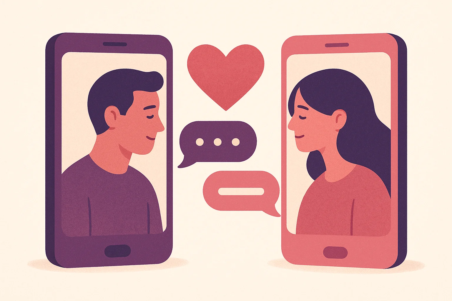 Deux téléphones face à face reliés par des bulles de conversation et un cœur