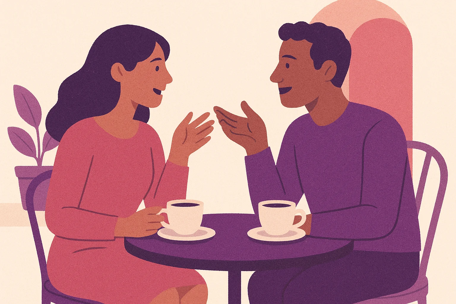 Homme et femme en terrasse, conversation animée autour d'un café
