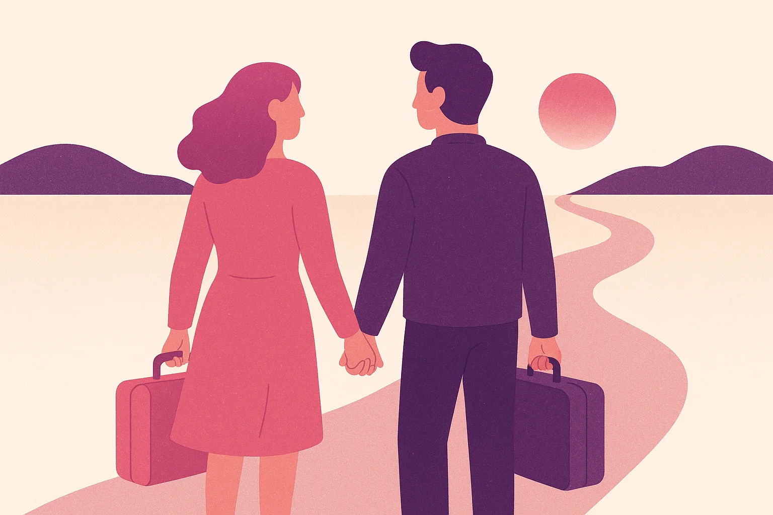 Couple regardant un chemin qui se déroule vers l'horizon, valises à la main