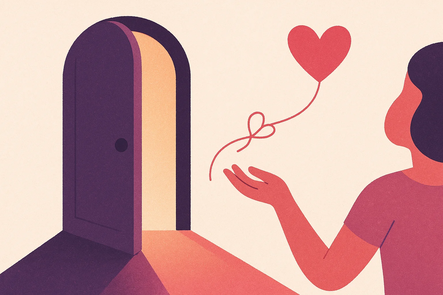 Porte entrouverte vers la lumière, une main lâchant un fil noué en forme de cœur