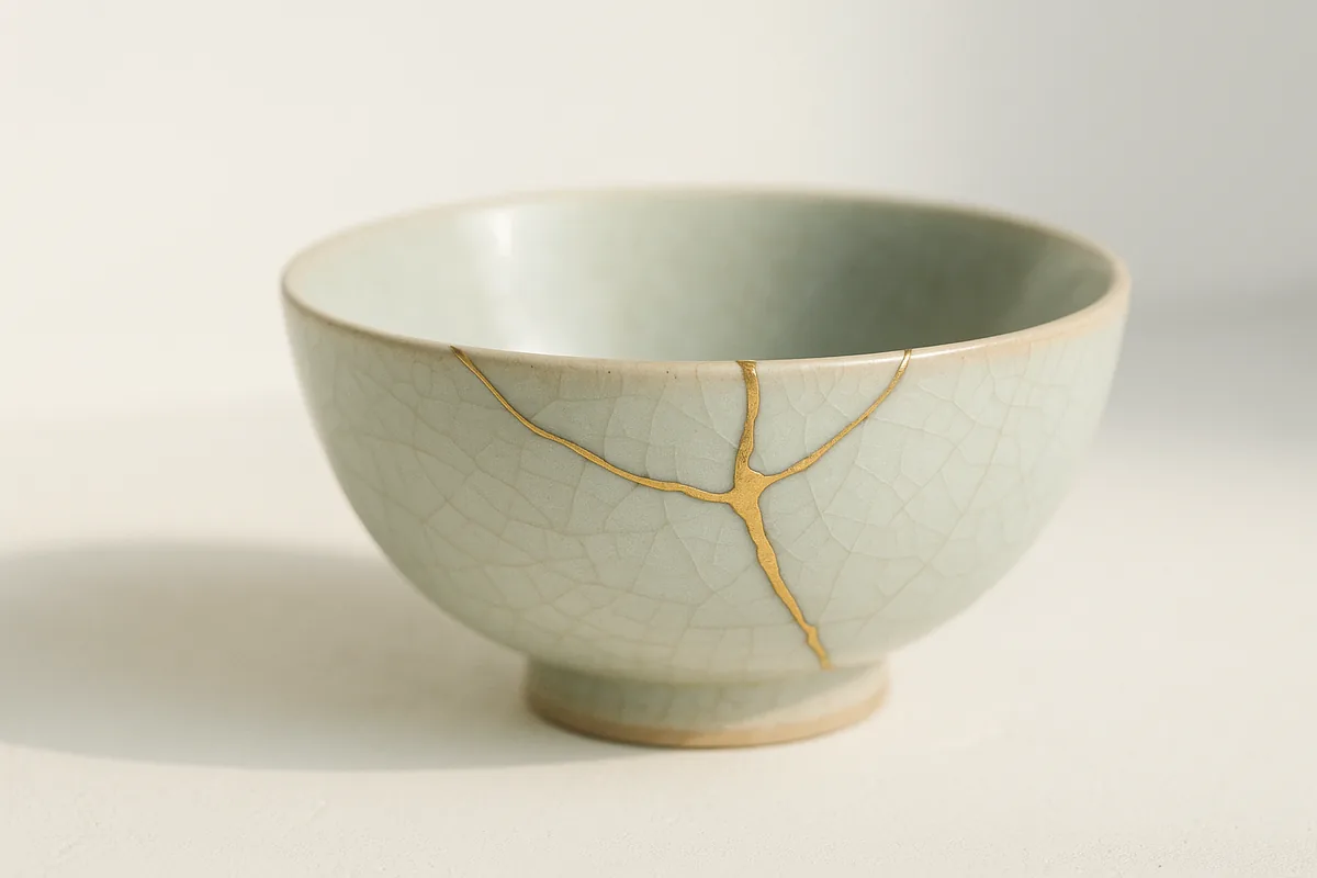 Bol en céramique claire réparé au kintsugi, ses fissures soulignées à l'or
