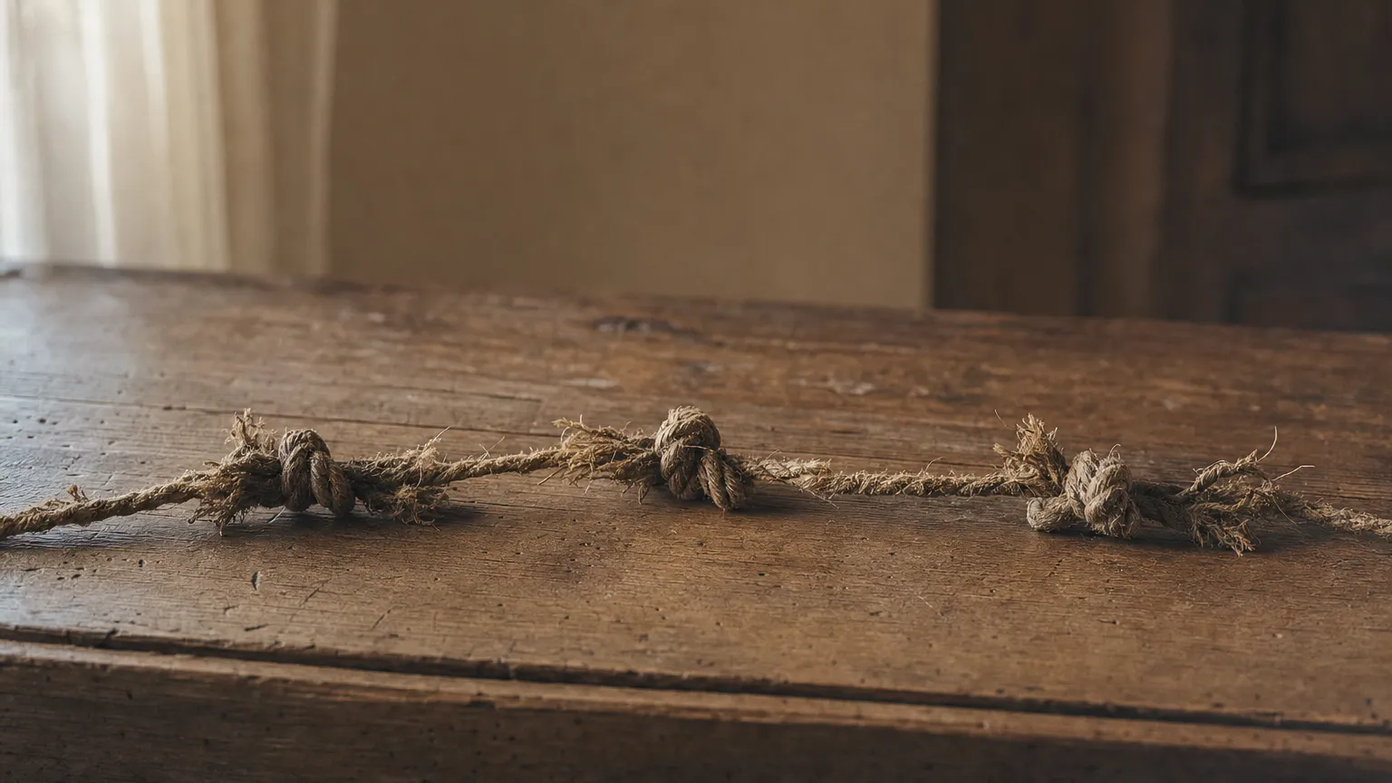 Ein altes Seil auf einem Holztisch, mehrmals gerissen und wieder zusammengeknotet, mit ausgefransten Knoten
