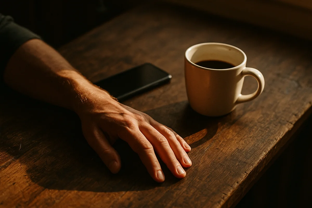 Une main d'homme posée près d'une tasse sur une table en bois, lumière douce de fin d'après-midi