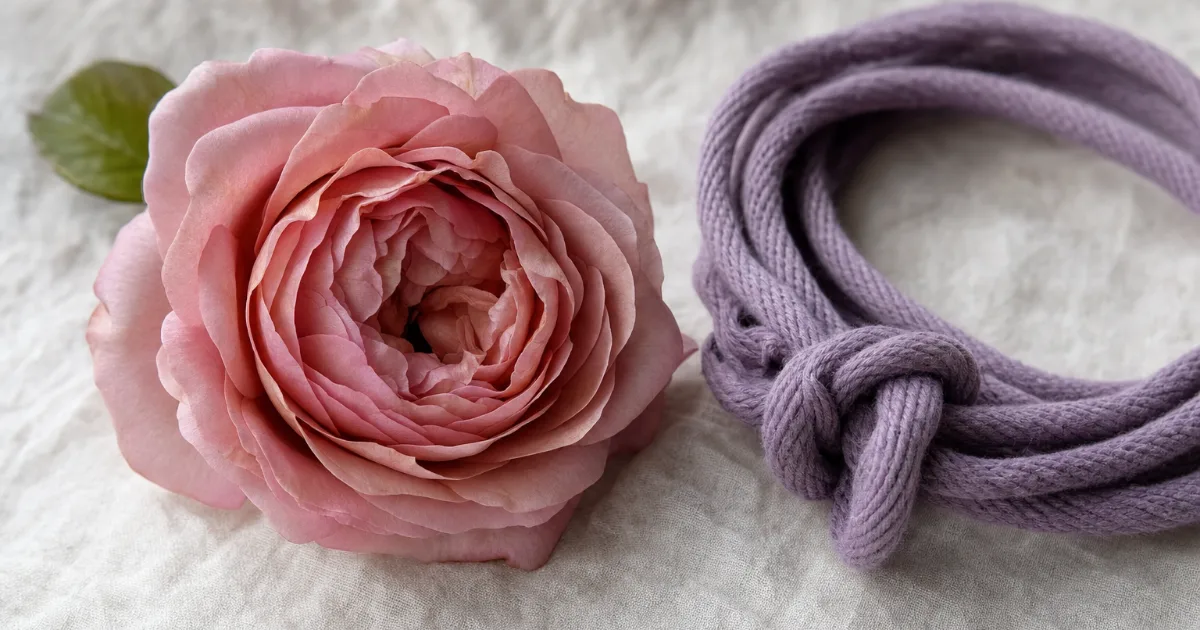 Une rose ancienne rose poudré posée sur du lin clair, à côté d'un cordon de coton lavande enroulé et noué serré