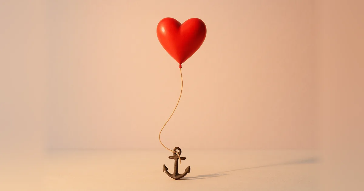 Petite ancre de bateau attachée à un ballon rouge en forme de cœur qui s'élève