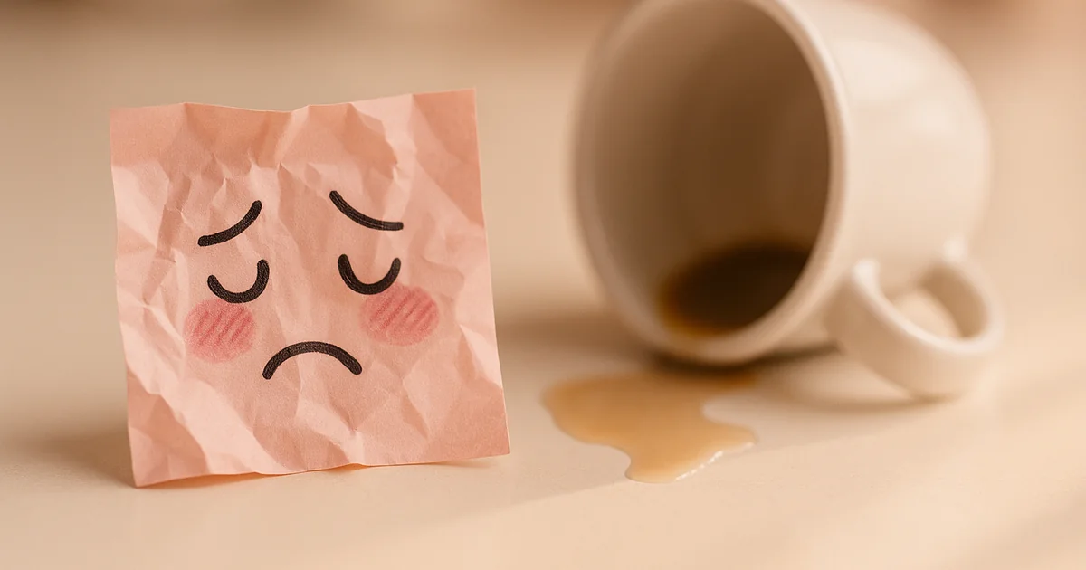 Note rose avec un émoji gêné et une tasse renversée