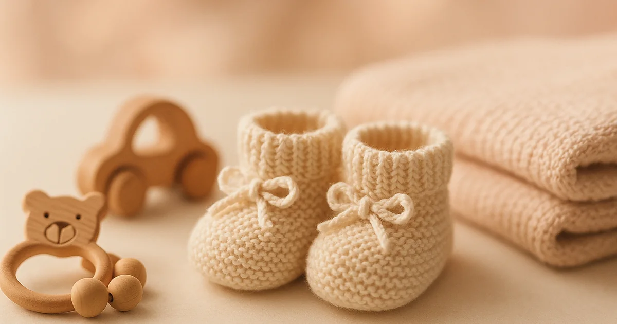 Petits chaussons de bébé et jouets en bois sur une couverture