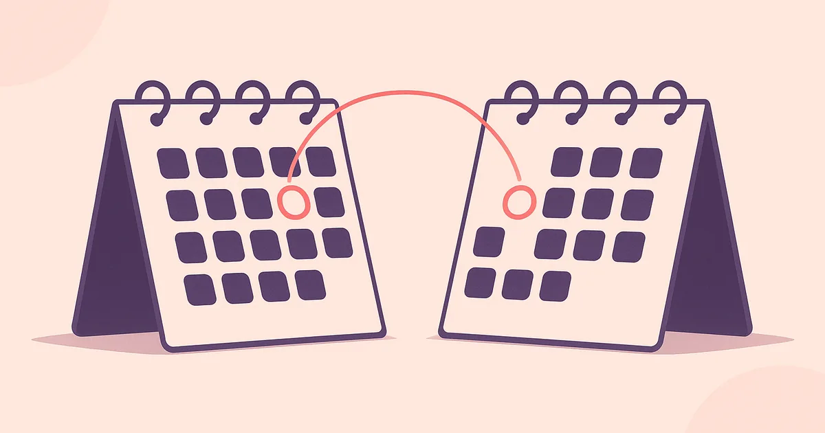 Deux calendriers ouverts côte à côte, une date entourée sur chacun, reliées par un fil rouge