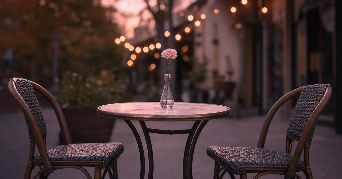 Une petite table de bistrot en terrasse avec deux chaises vides face à face, une fleur dans un vase fin, des guirlandes lumineuses floues derrière