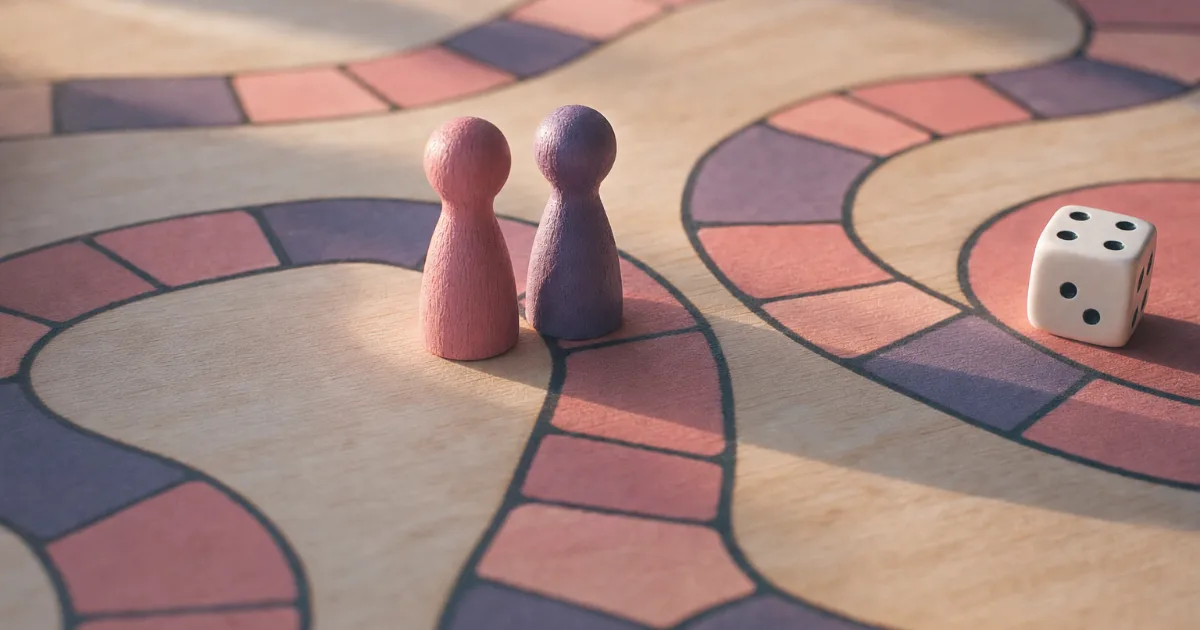 Deux pions en bois, un rose et un lavande, côte à côte sur le chemin dessiné d'un plateau de jeu, un dé blanc posé à côté