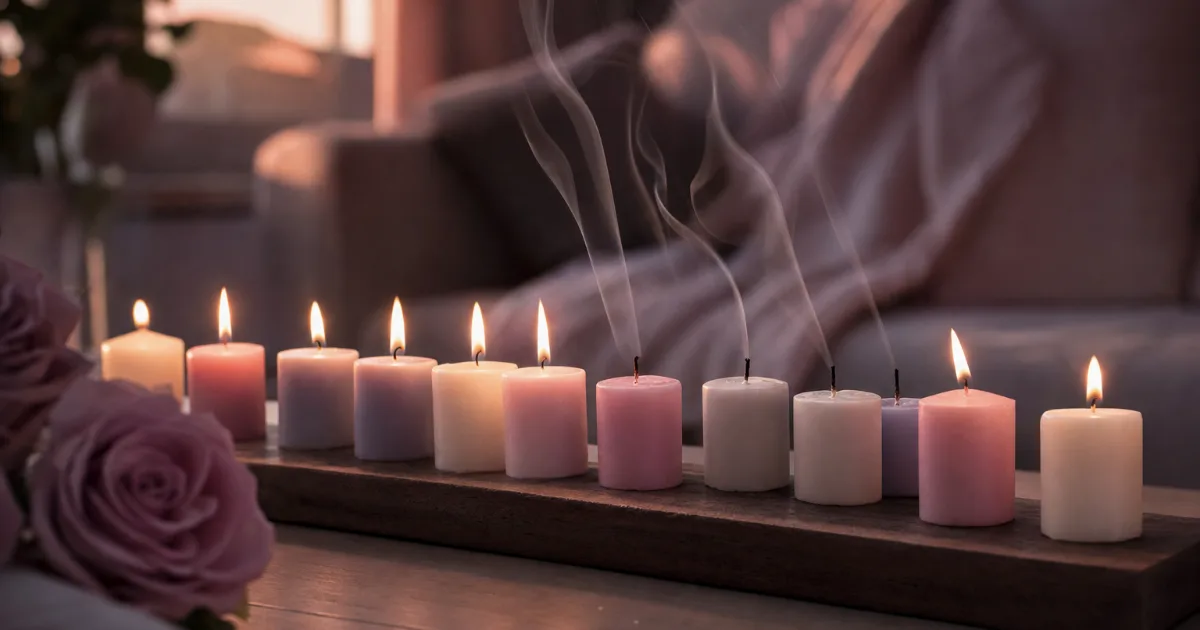 Une rangée de petites bougies pastel sur un plateau en bois, trois déjà soufflées avec un filet de fumée, les autres encore allumées
