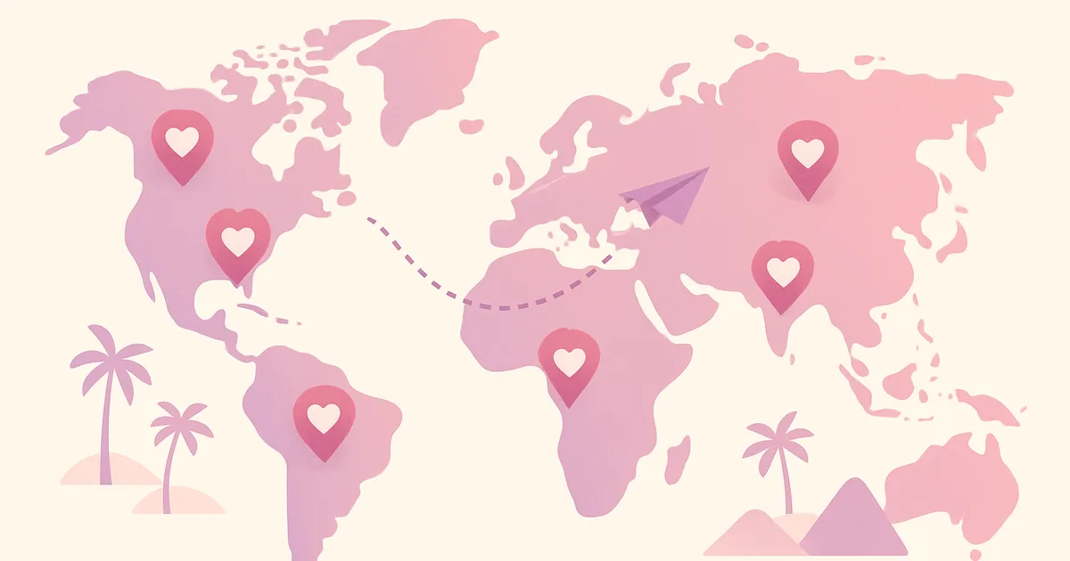 Carte du monde stylisée rose et violette avec des épingles en forme de cœur, illustrant le test où partir en vacances en couple