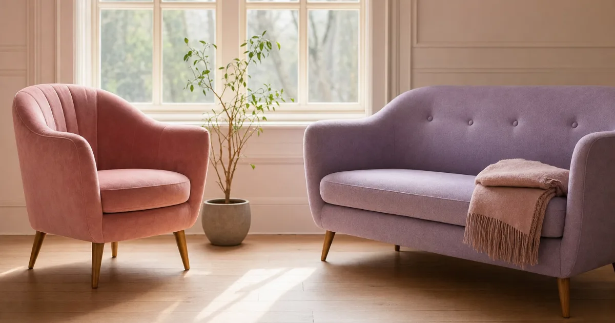 Un fauteuil en velours rose à une place et un canapé lavande à deux places posés côte à côte devant une grande fenêtre, dans une pièce claire