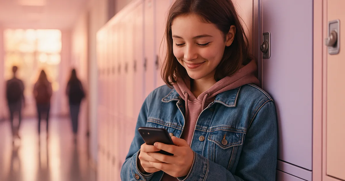 Une adolescente sourit en regardant son téléphone, adossée à un casier de lycée