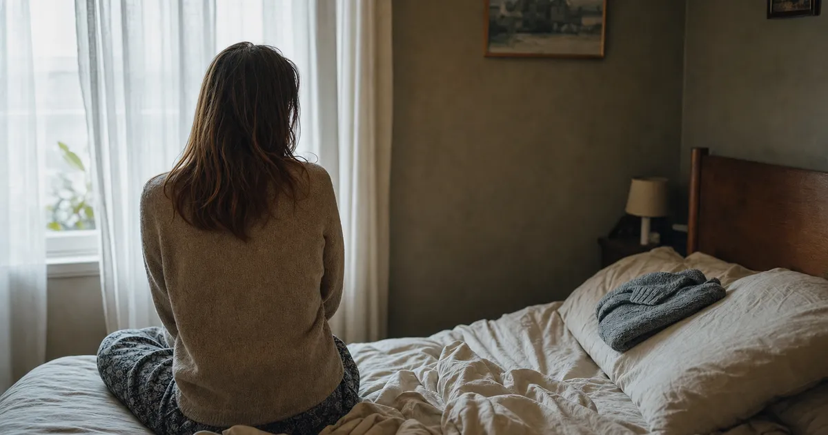 A woman seen from behind, sitting on an unmade bed by the window, with the grey sweater of the person who left lying on the other pillow