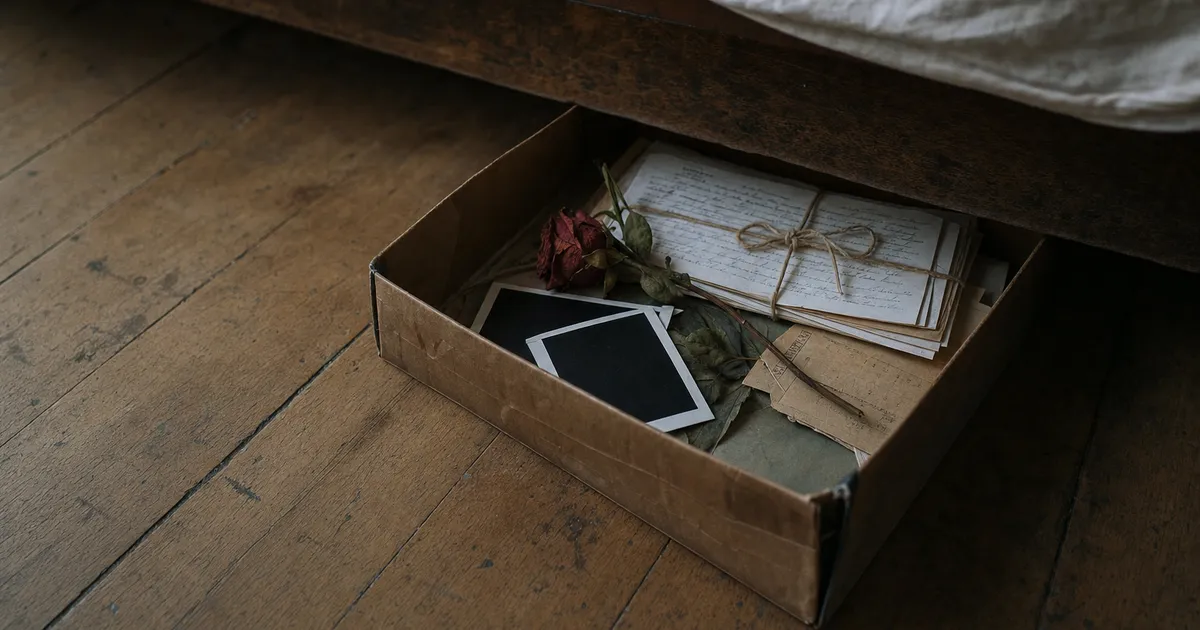 Ein alter Schuhkarton, unter dem Bett hervorgezogen, mit zusammengebundenen Briefen, einer getrockneten Rose und umgedrehten Fotos