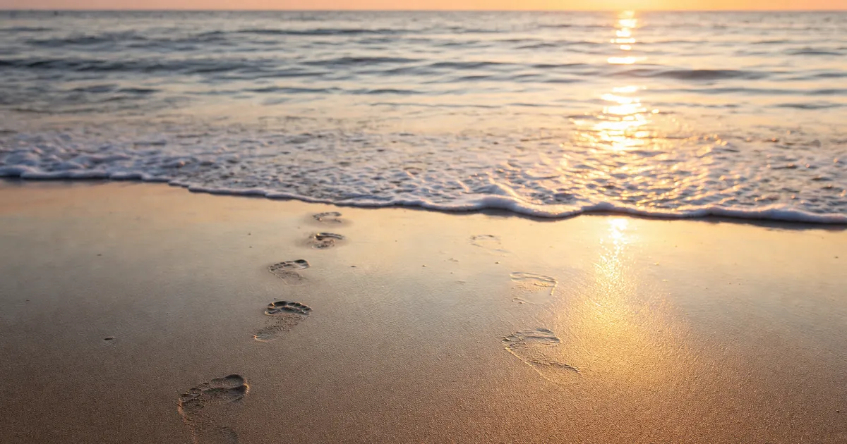 Footprints on a beach at sunset, slowly being washed away by the rising tide